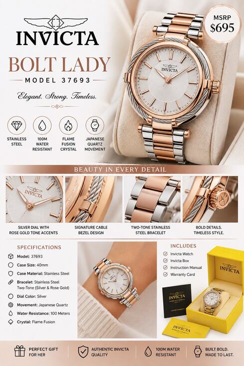 Invicta Accessories - Invicta Bolt Lady 37693 Two-Tone Rose Gold Silver Watch 
40mm